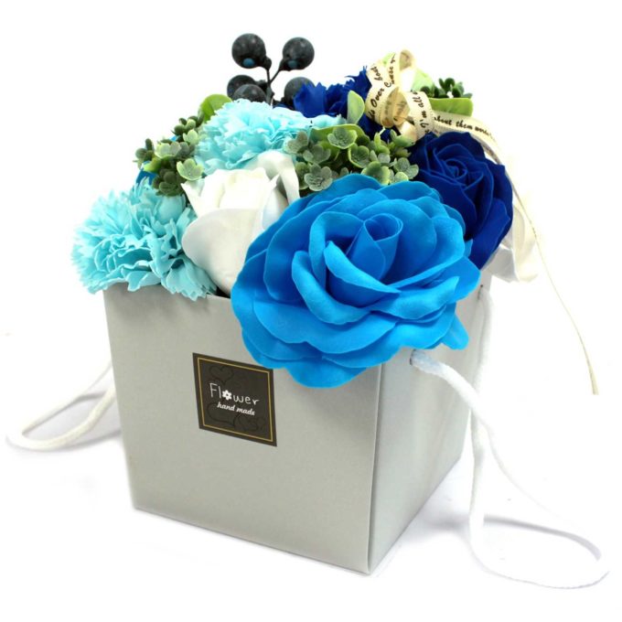 soap flower gift box with blue roses and flowers