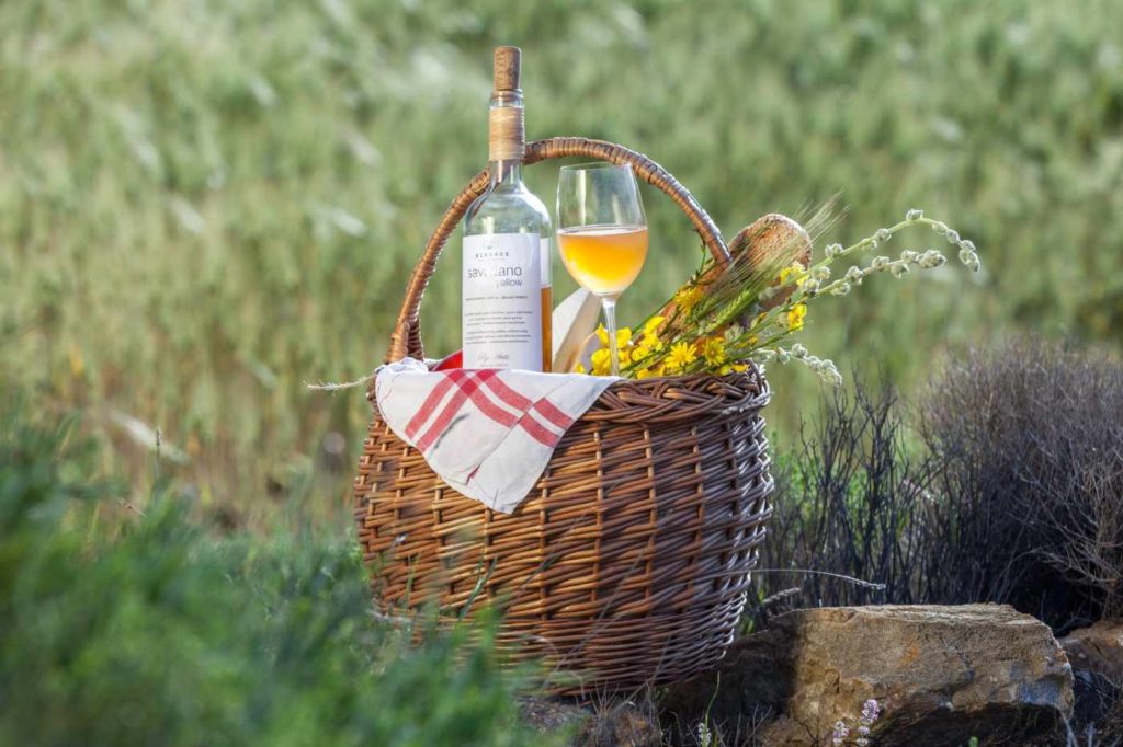 picnic hamper prepared for a day out with nana.  the basket include a luxury lunch of wine, cheese, bread and white wine