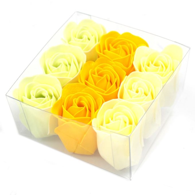 9 yellow soaps in the shape of flowers