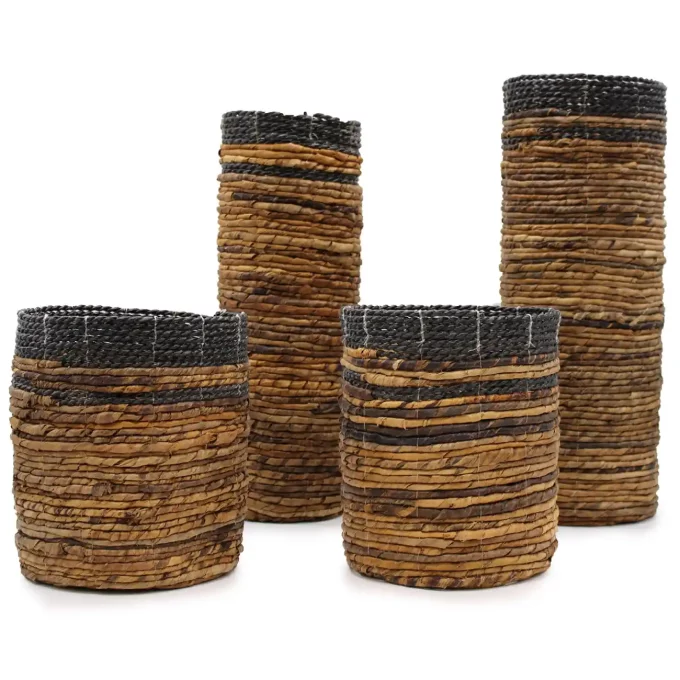 tall wicker set with 2 bins and 2 vases